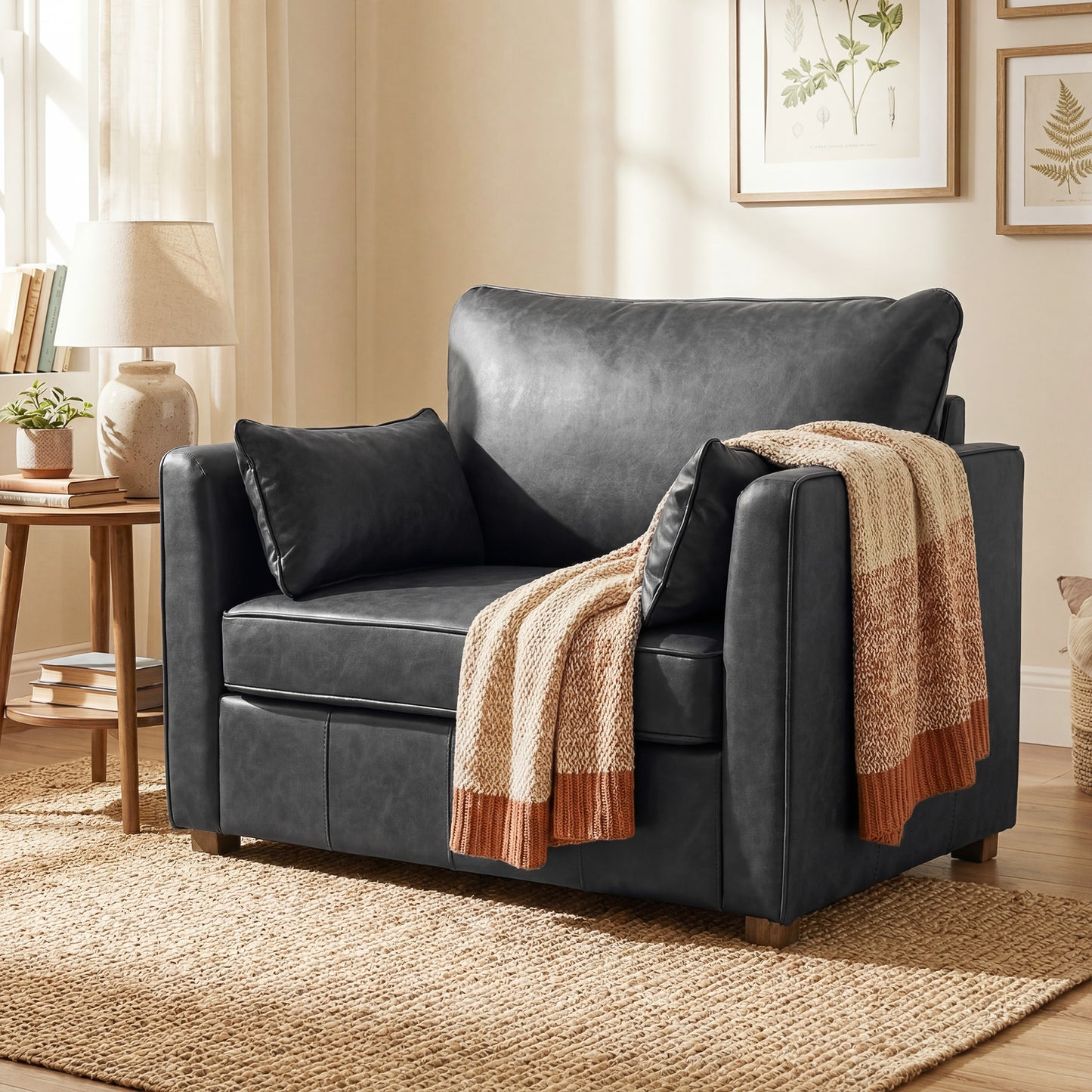 Fauteuil accent cuir PU siège large avec coussins