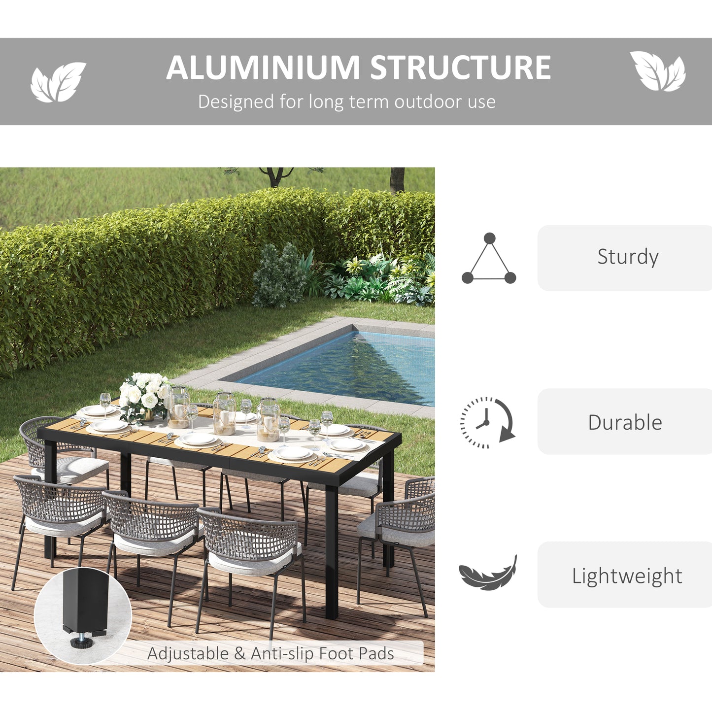 Table de jardin rectangulaire 8 personnes, plateau effet bois