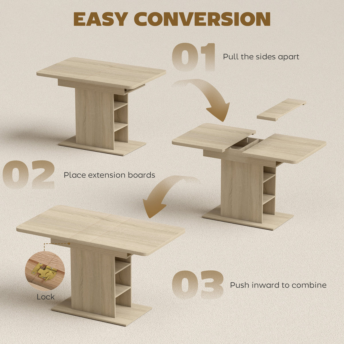 Table à manger extensible avec étagères intégrées
