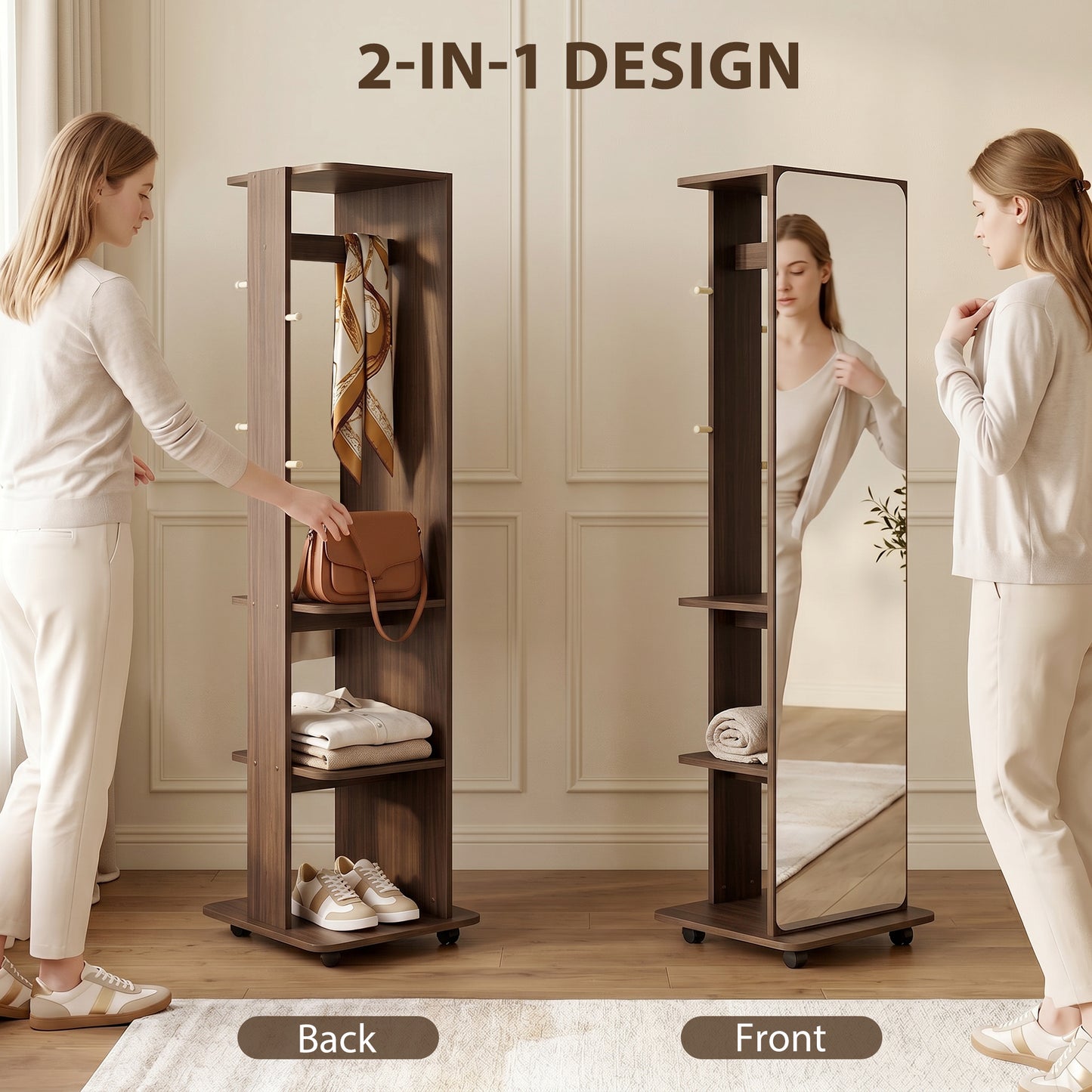 Miroir sur roulettes avec rangement et patères