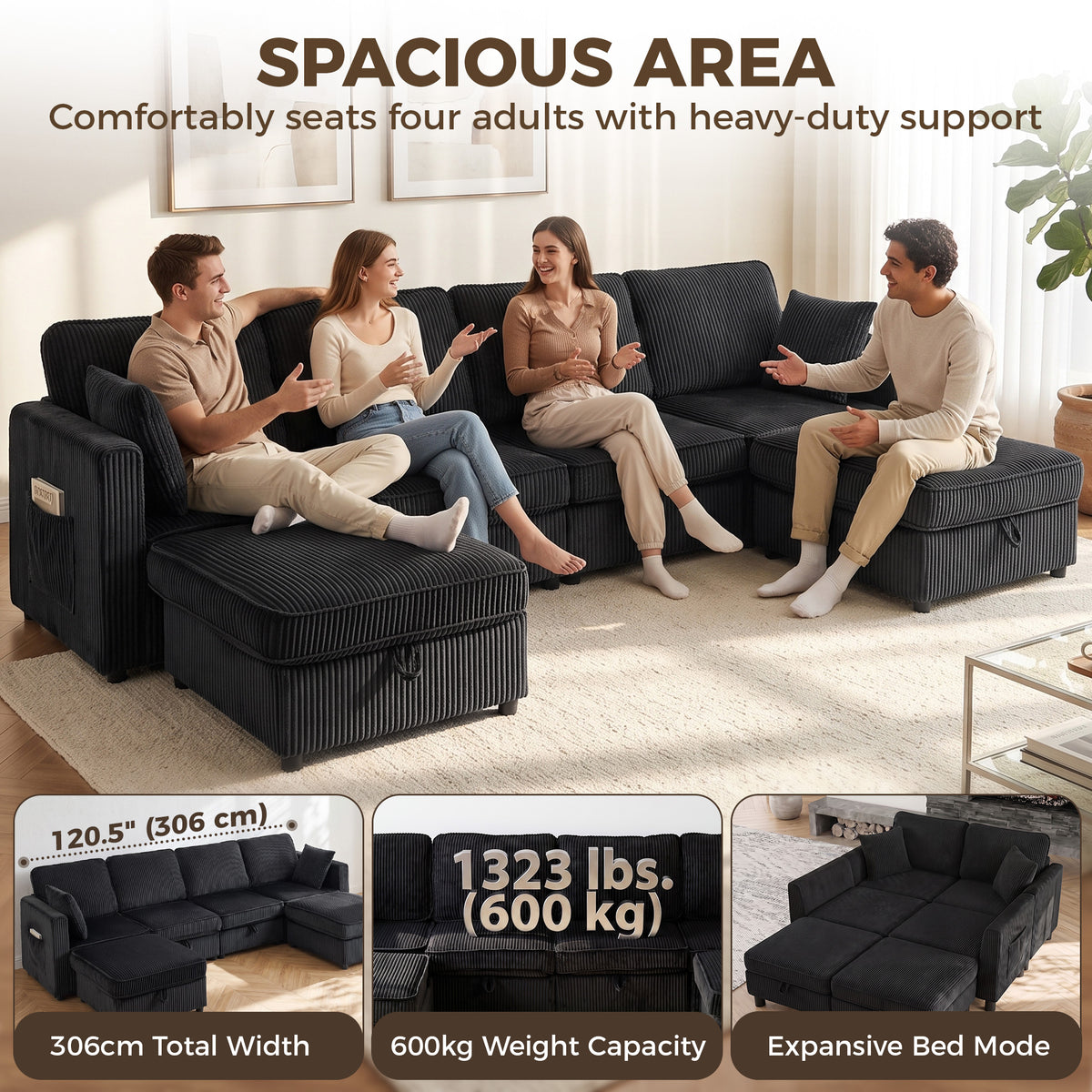 Sofa modulaire U en velours côtelé avec rangement