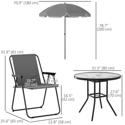 Ensemble repas extérieur 6 pièces avec parasol et table en verre