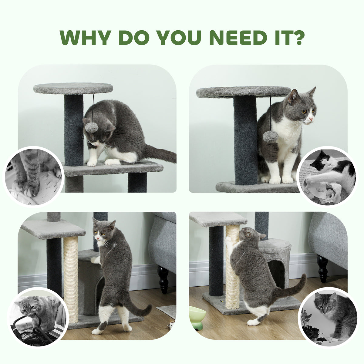 Arbre à chat multi-niveaux avec griffoir sisal — Gris