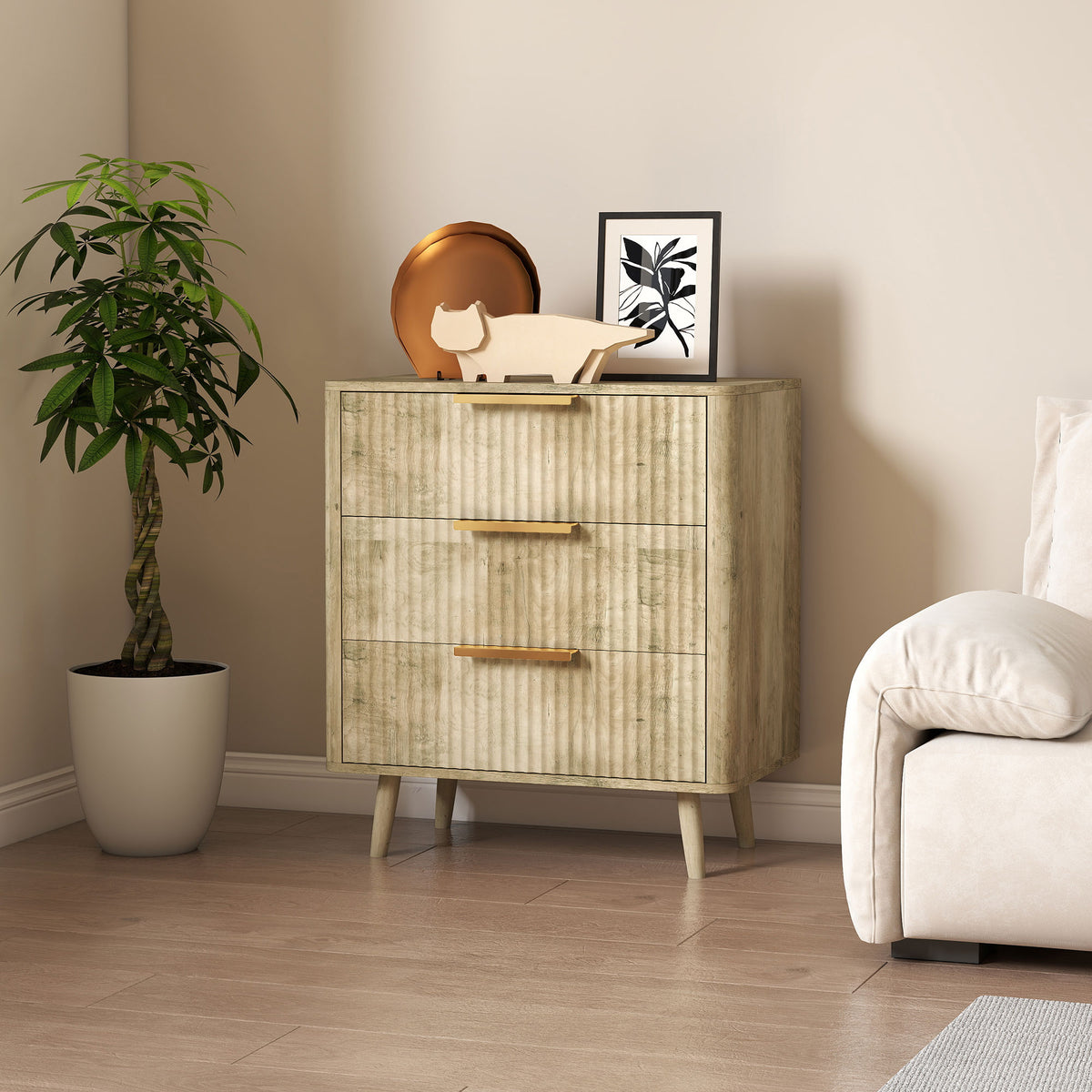 Commode 3 tiroirs moderne à cannelures en bois