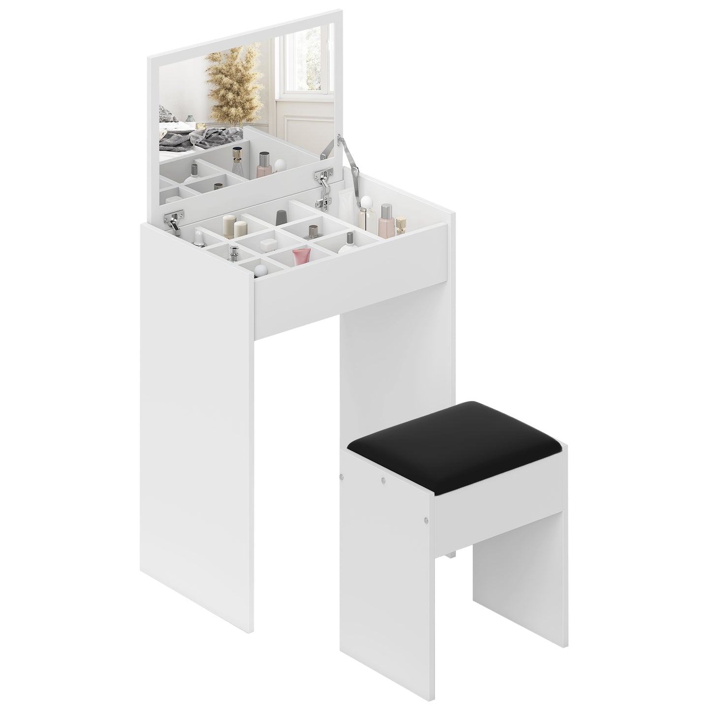 Coiffeuse moderne avec miroir rabattable et tabouret rembourré