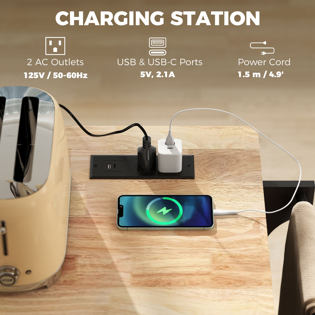 Îlot de cuisine roulant avec feuille rabattable et station de recharge