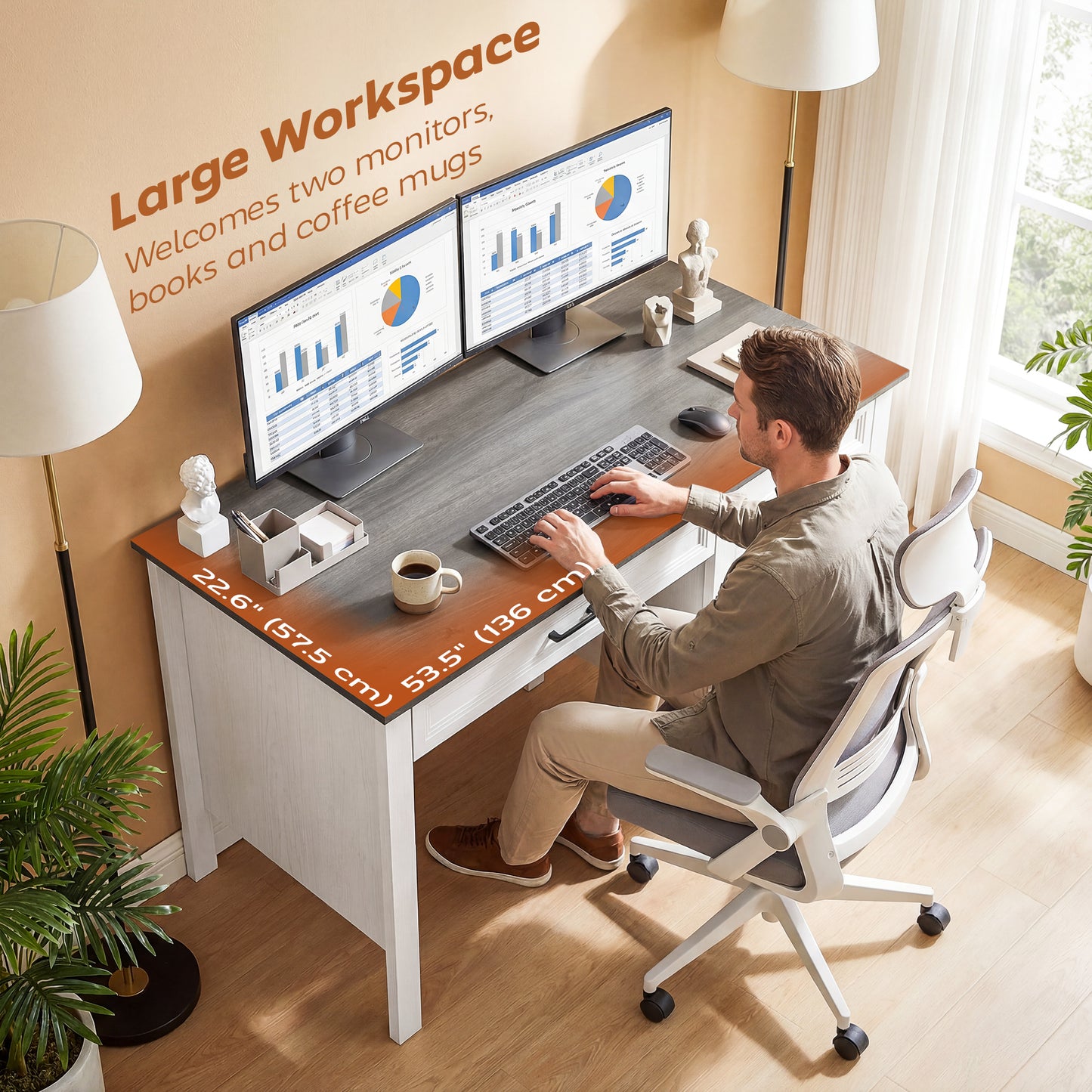 Bureau de travail style fermette avec tiroirs et classeur