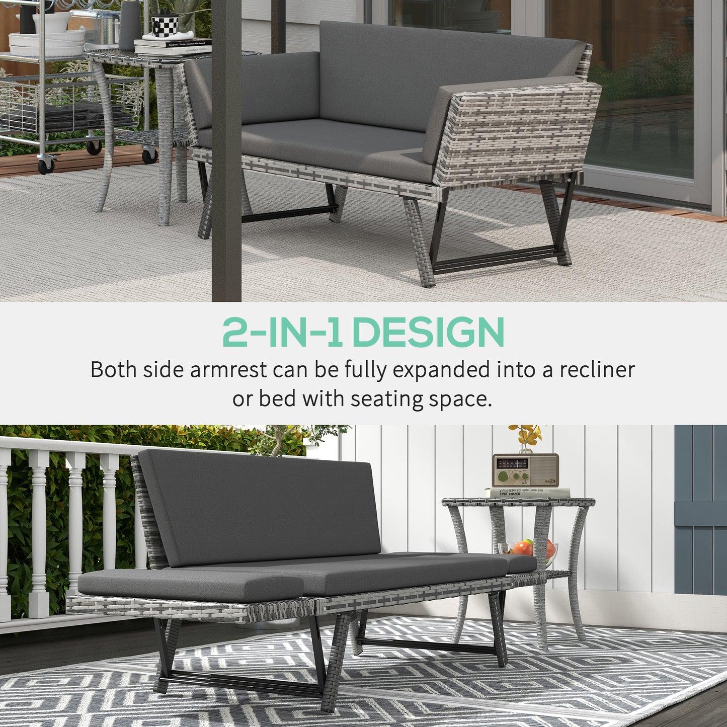 Causeuse convertible en osier pour patio — gris
