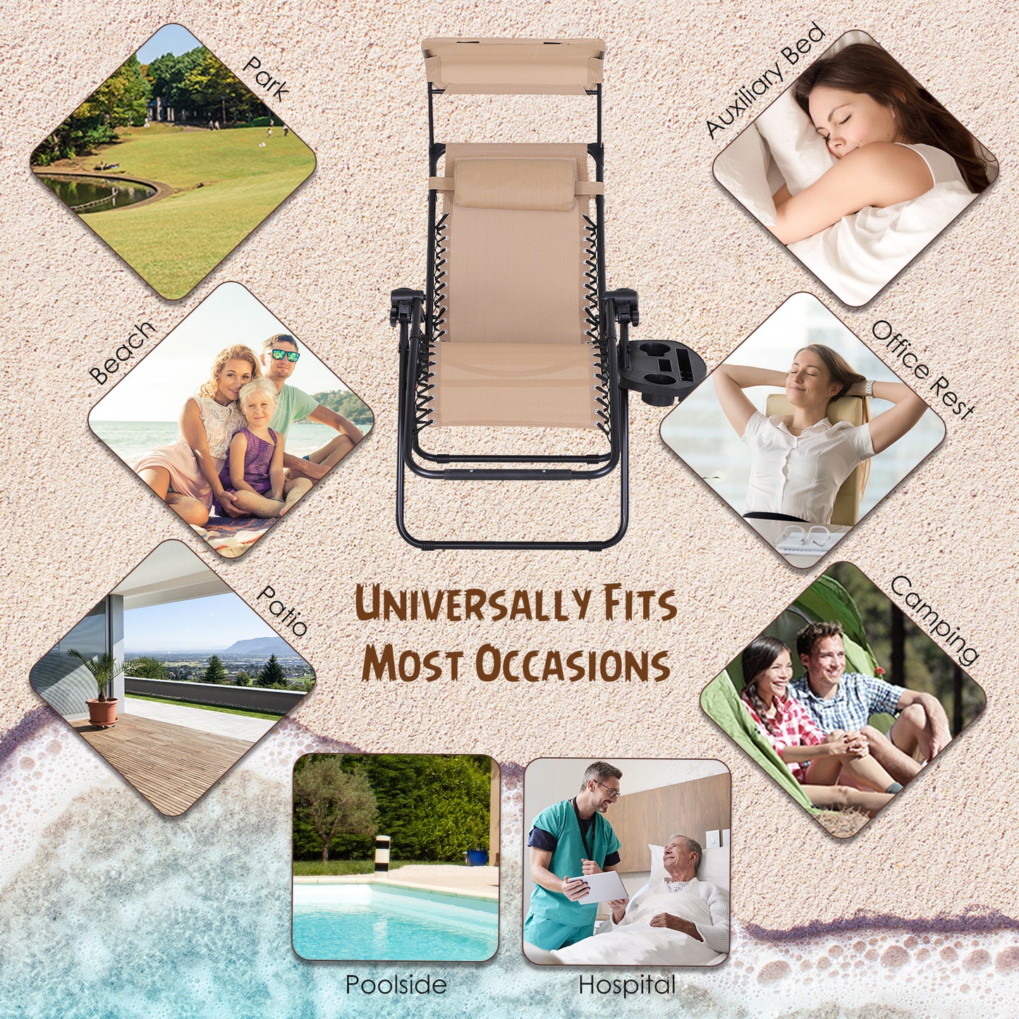 Chaise longue zéro gravité pliable avec auvent