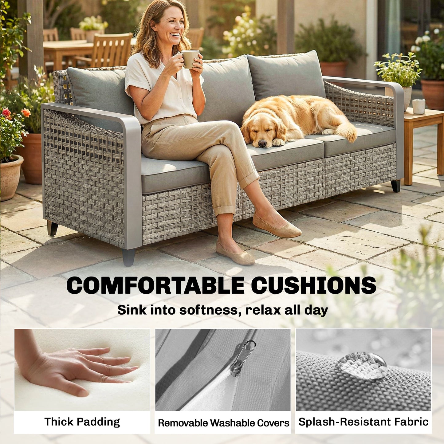 Outsunny 3-Seater Outdoor Woven Rattan Sofa with Grey Cushions