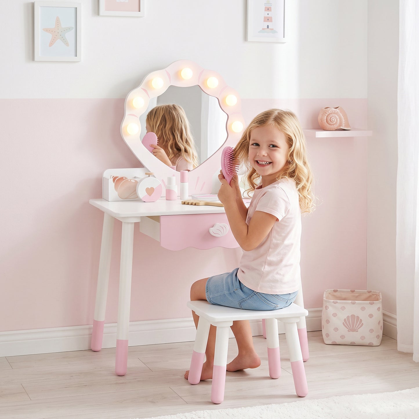 Coiffeuse enfant avec lumières, miroir et tabouret