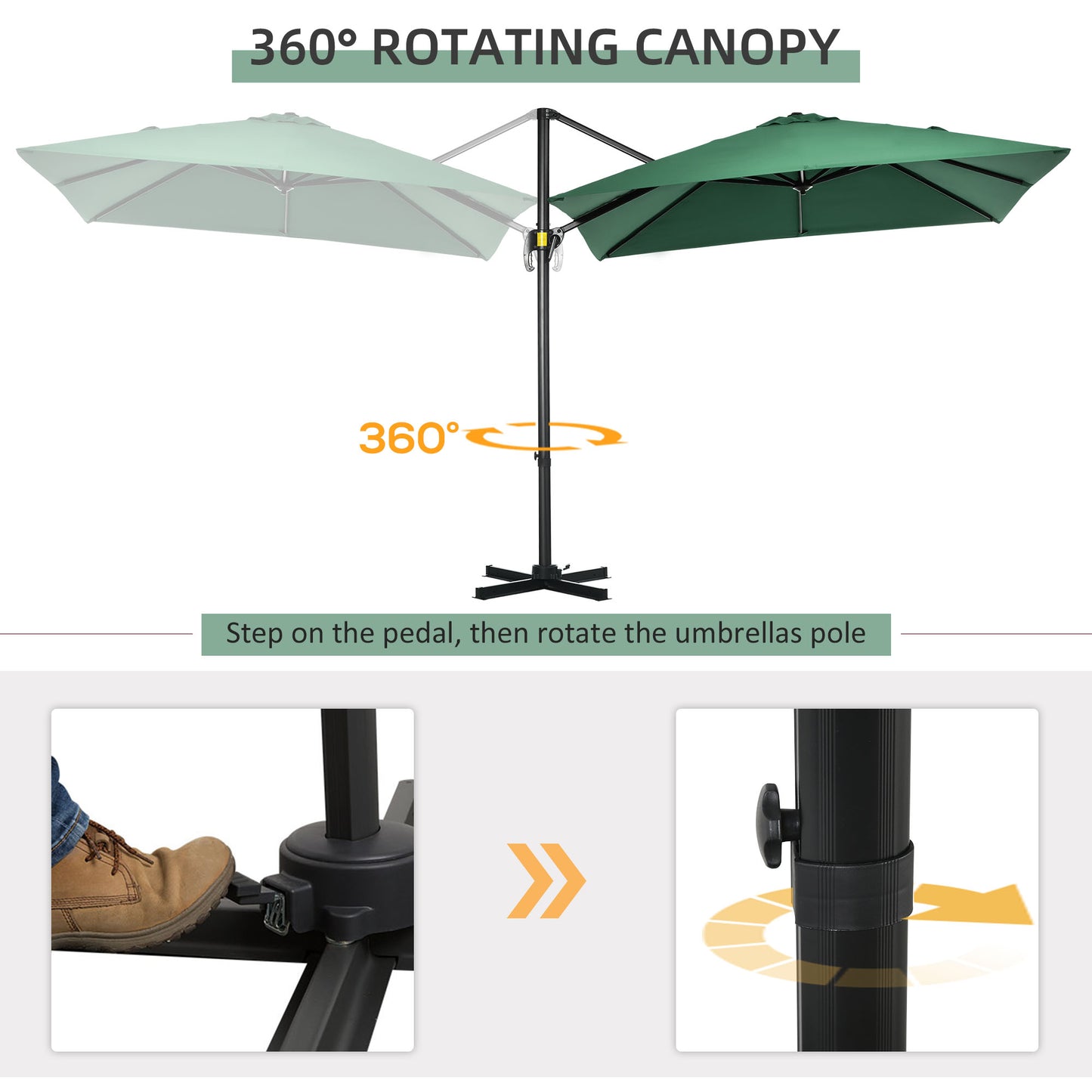 Parasol déporté carré 245 cm rotation 360 degrés