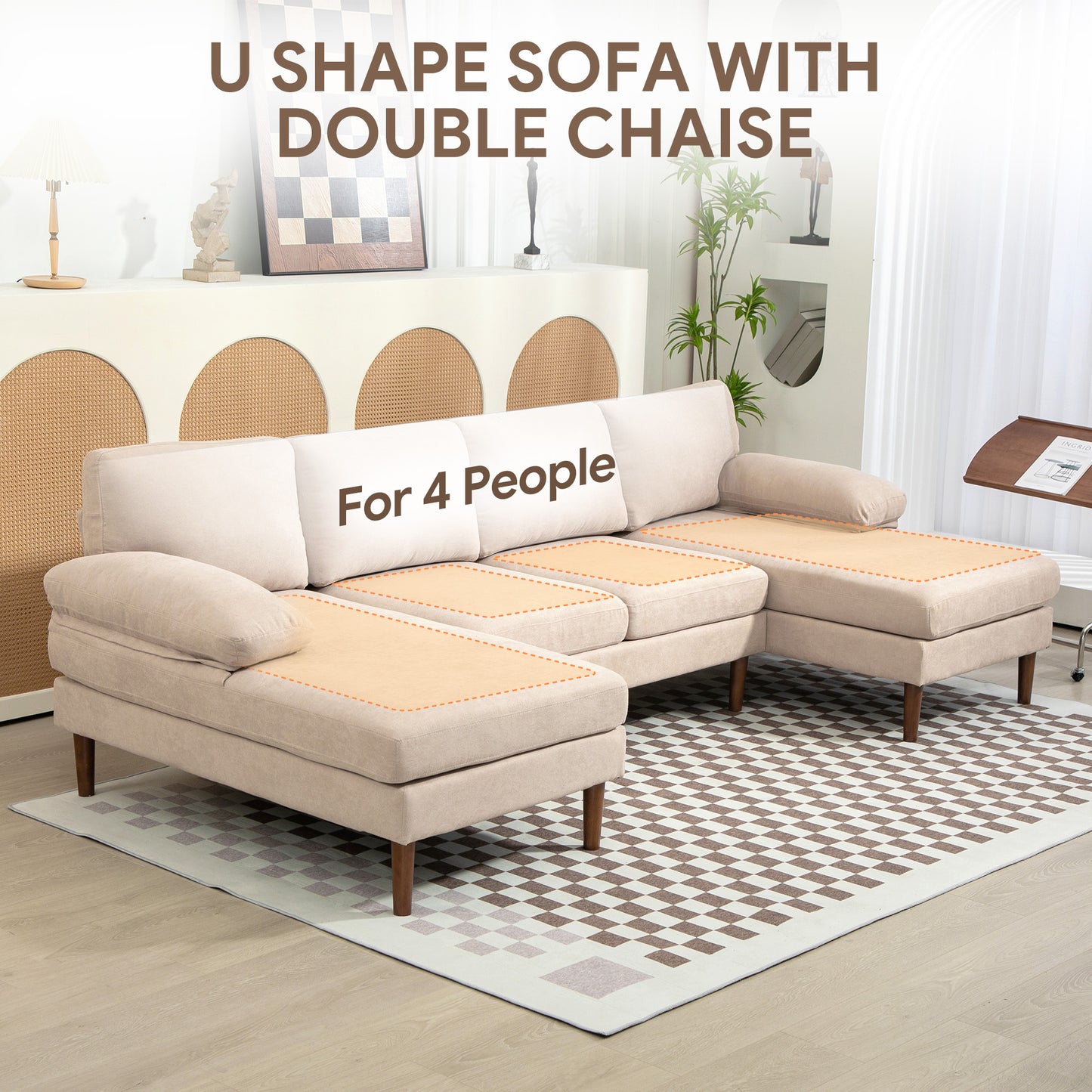 Sofa en U double méridienne 4 places — tissu lin