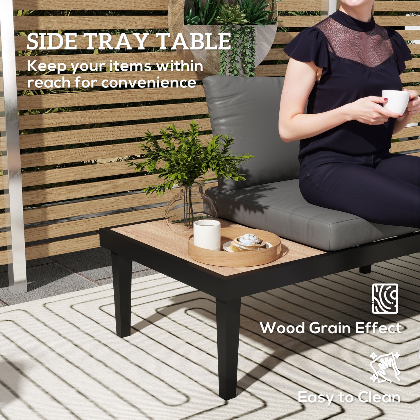 Canapé patio 2 places avec plateau latéral grain de bois