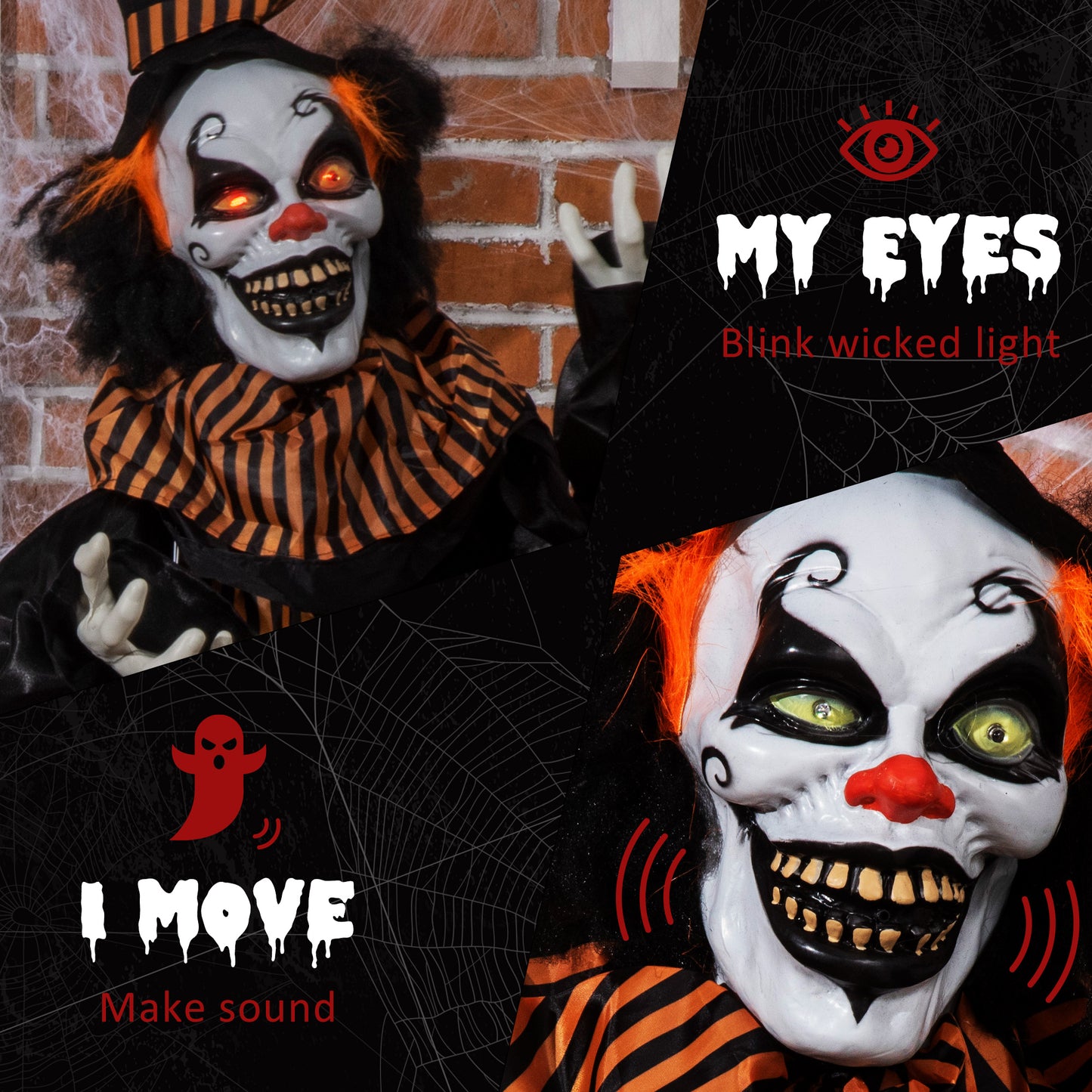 Décoration Halloween animée clown 170 cm avec yeux lumineux