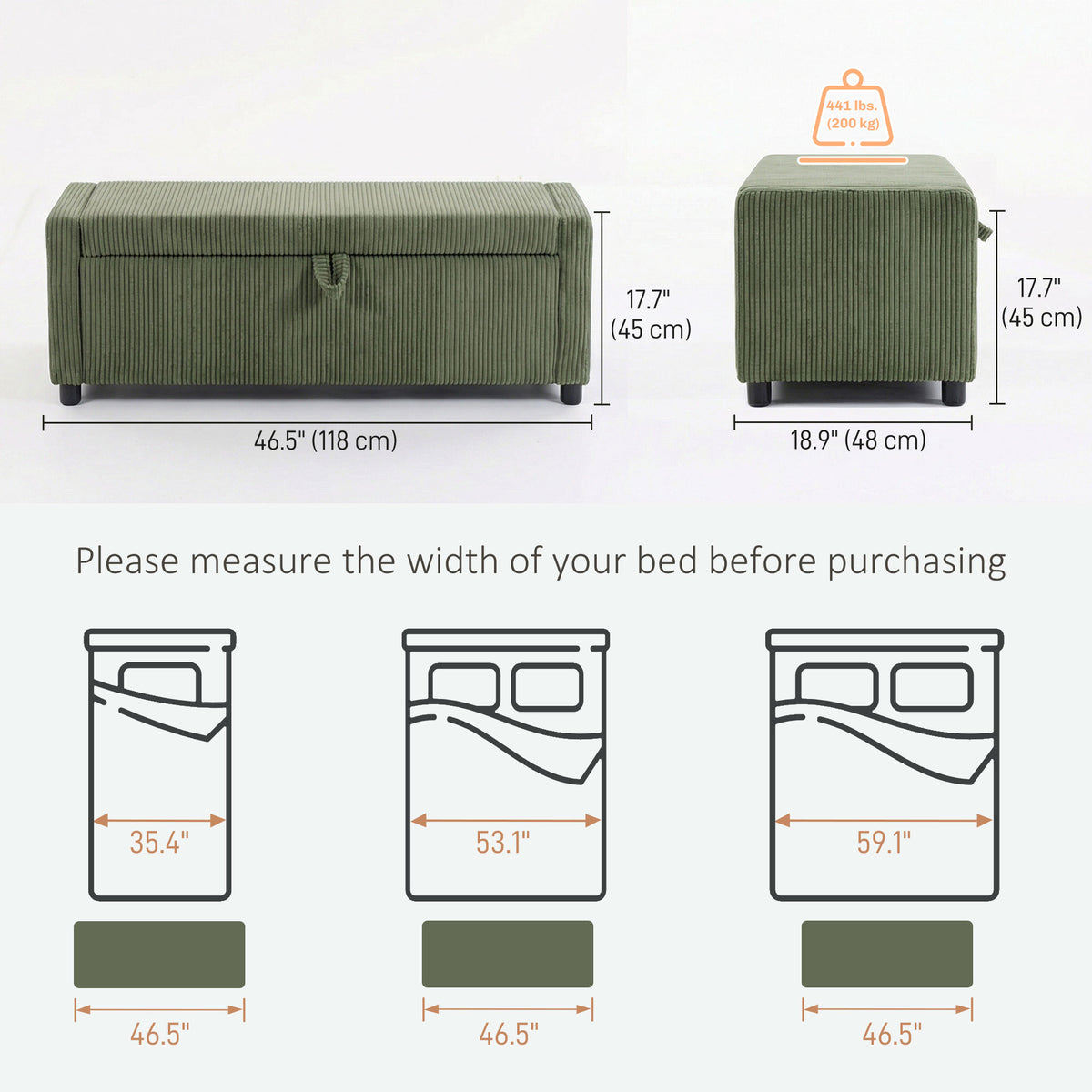 Banc de rangement capitonné en velours côtelé