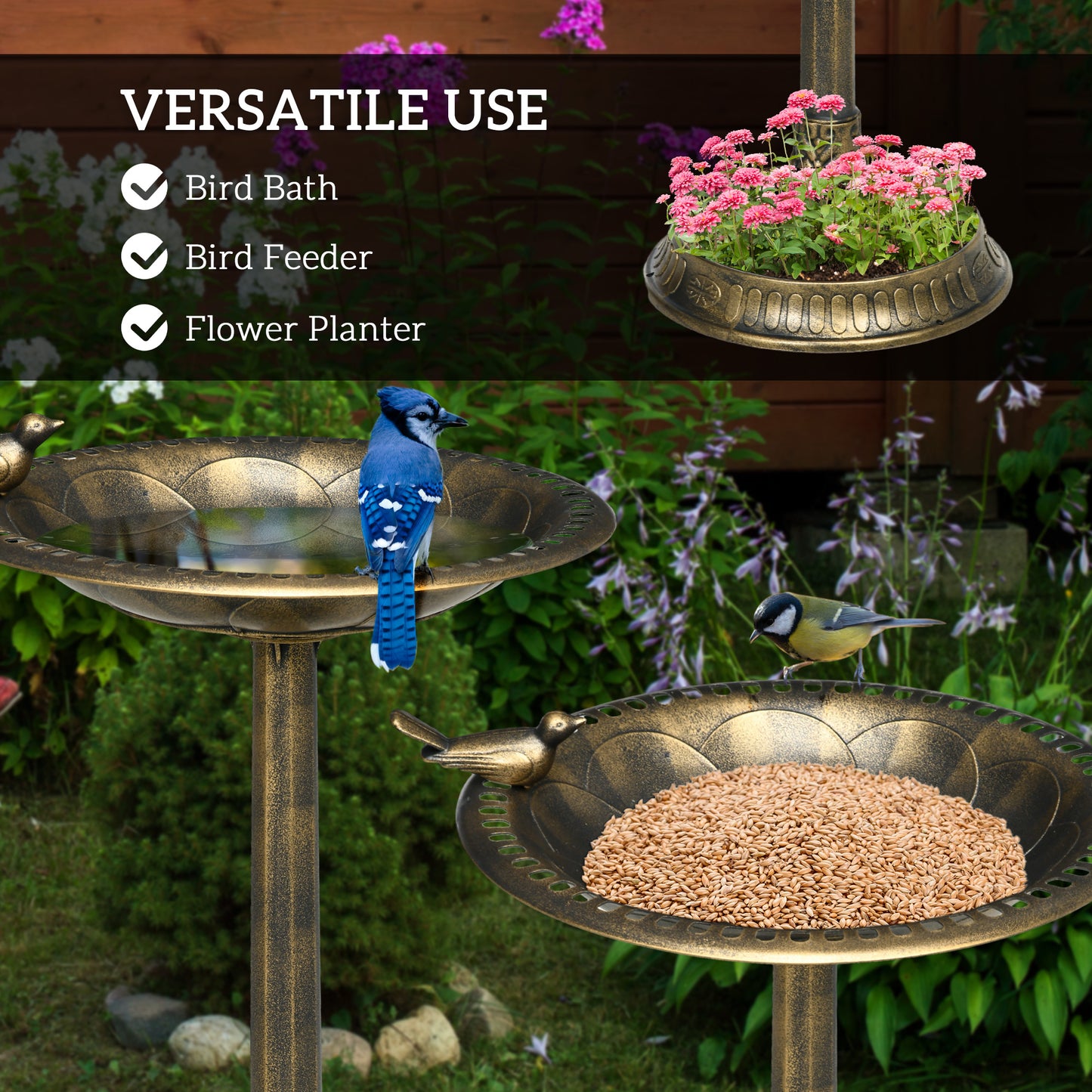 Bain d'oiseaux vintage avec planteur fleuri