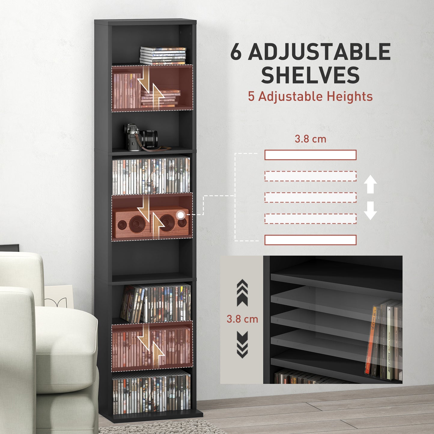 Meuble rangement médias 9 niveaux étroit ajustable