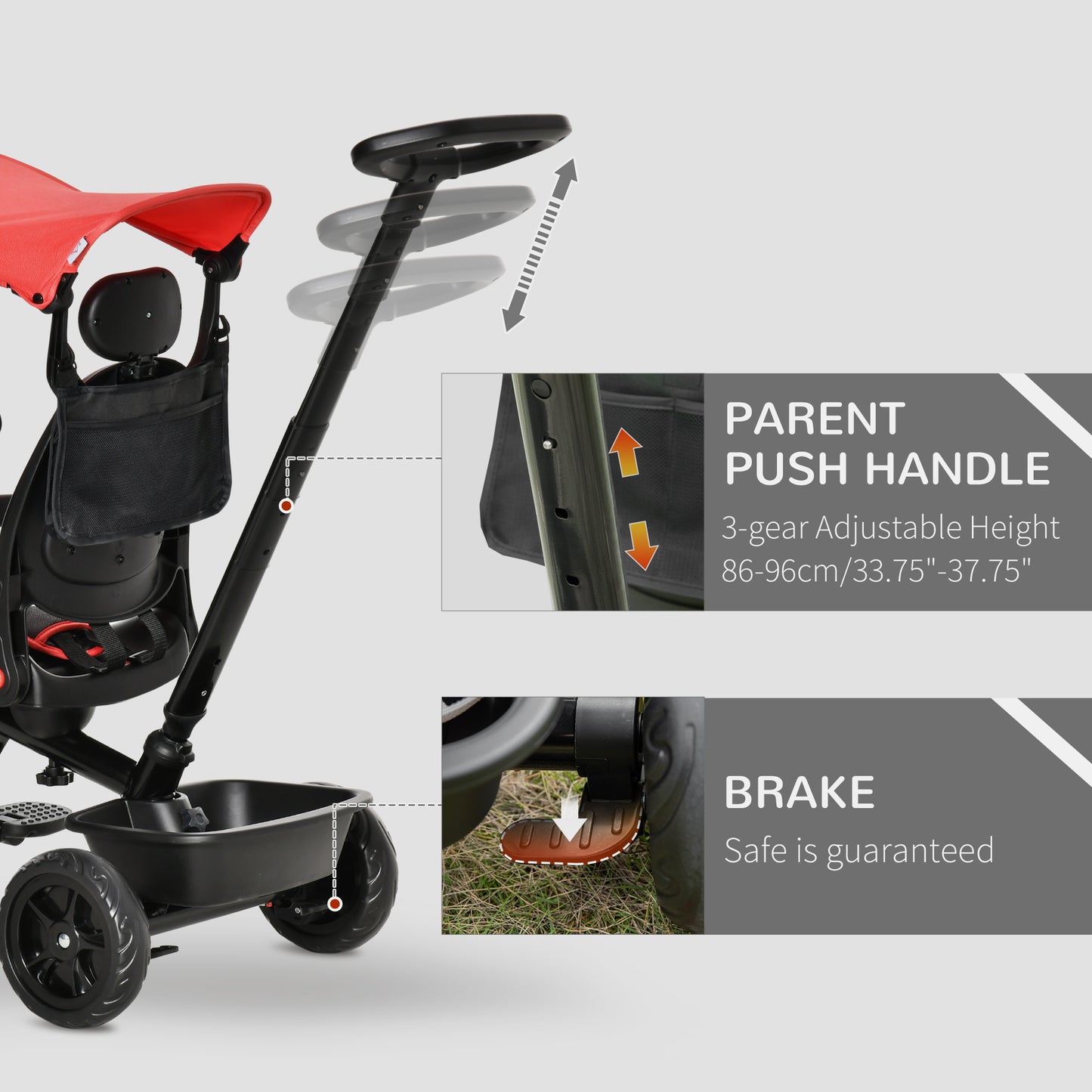 Tricycle évolutif 5-en-1 avec poignée parentale