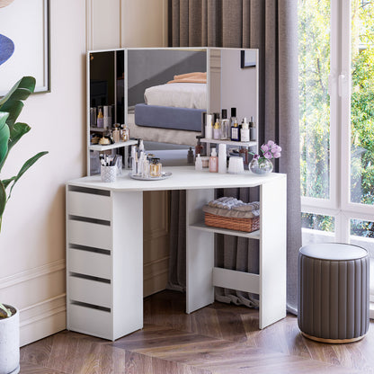 Table de maquillage d'angle miroir triptyque avec tiroirs