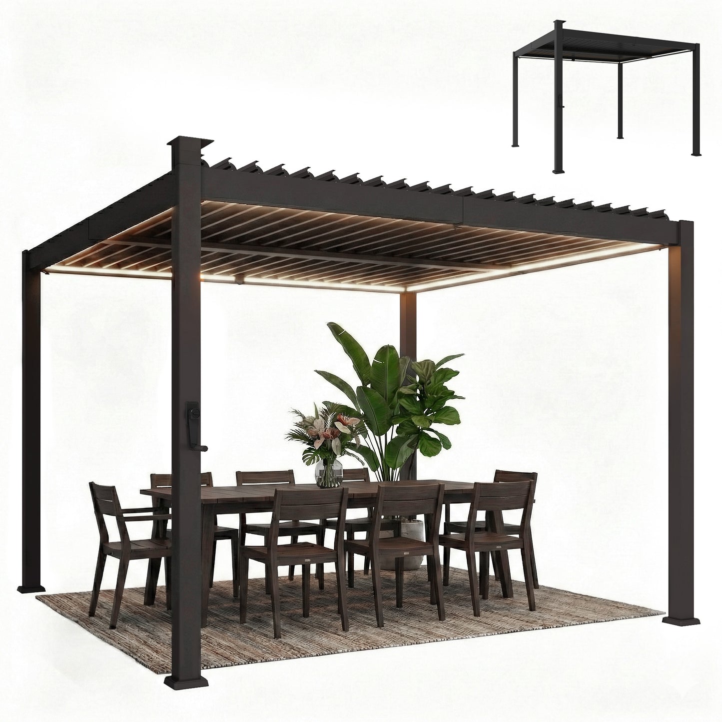 Pergola à lamelles avec éclairage solaire et toit métallique