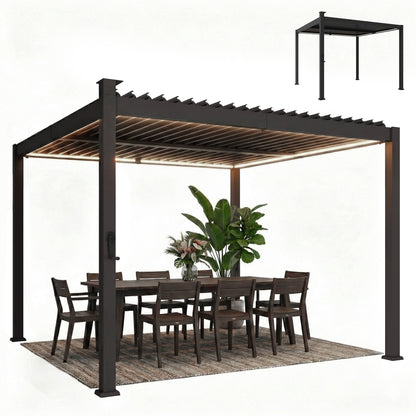 Pergola à lamelles avec éclairage solaire et toit métallique