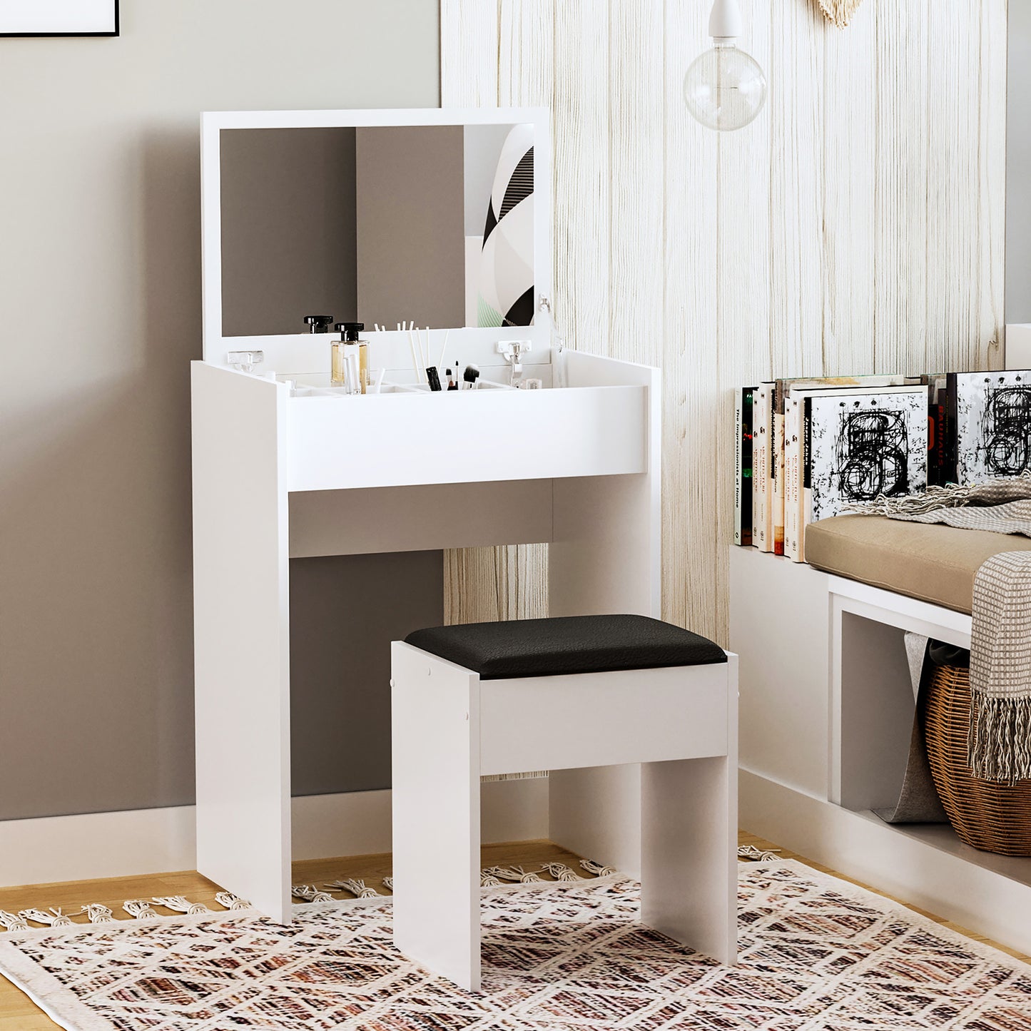 Coiffeuse moderne avec miroir rabattable et tabouret rembourré