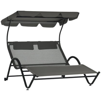 Chaise longue double avec parasol et roulettes