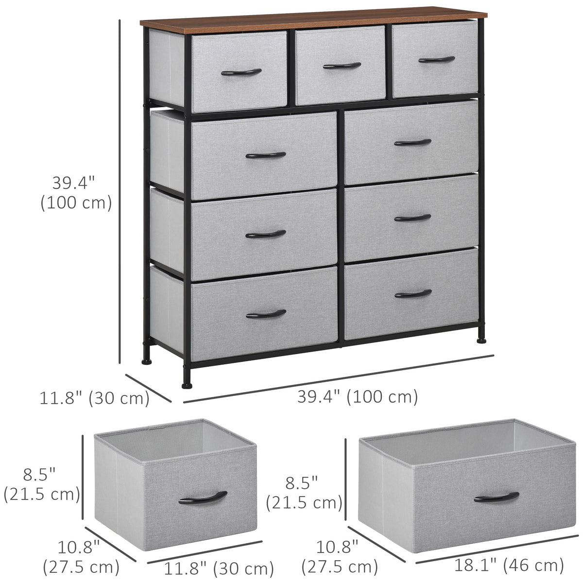 Commode de chambre à 9 tiroirs avec cadre en acier