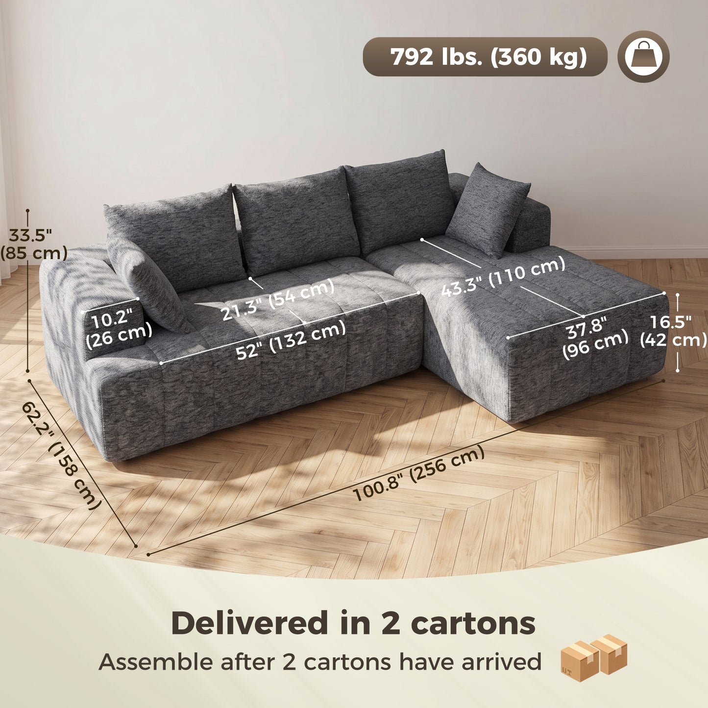 Sofa sectionnel modulaire en chenille avec méridienne — 3 places
