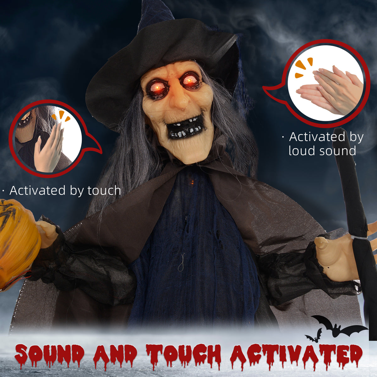 Sorcière animatronique grandeur nature avec balai