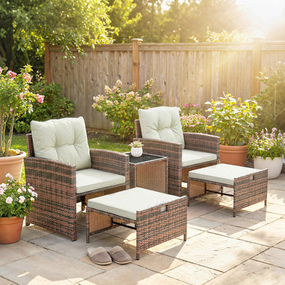 Outsunny 5-Piece Rattan Patio Set - Chairs + Ottomans + Glass Table