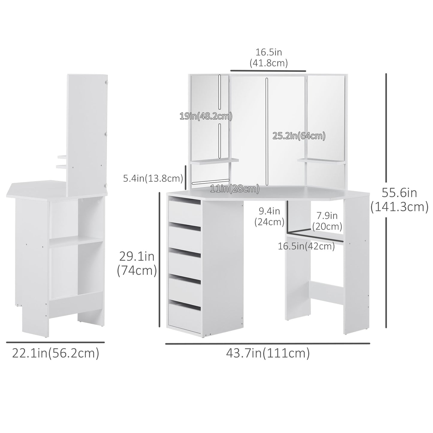 Table de maquillage d'angle miroir triptyque avec tiroirs