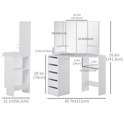 Table de maquillage d'angle miroir triptyque avec tiroirs