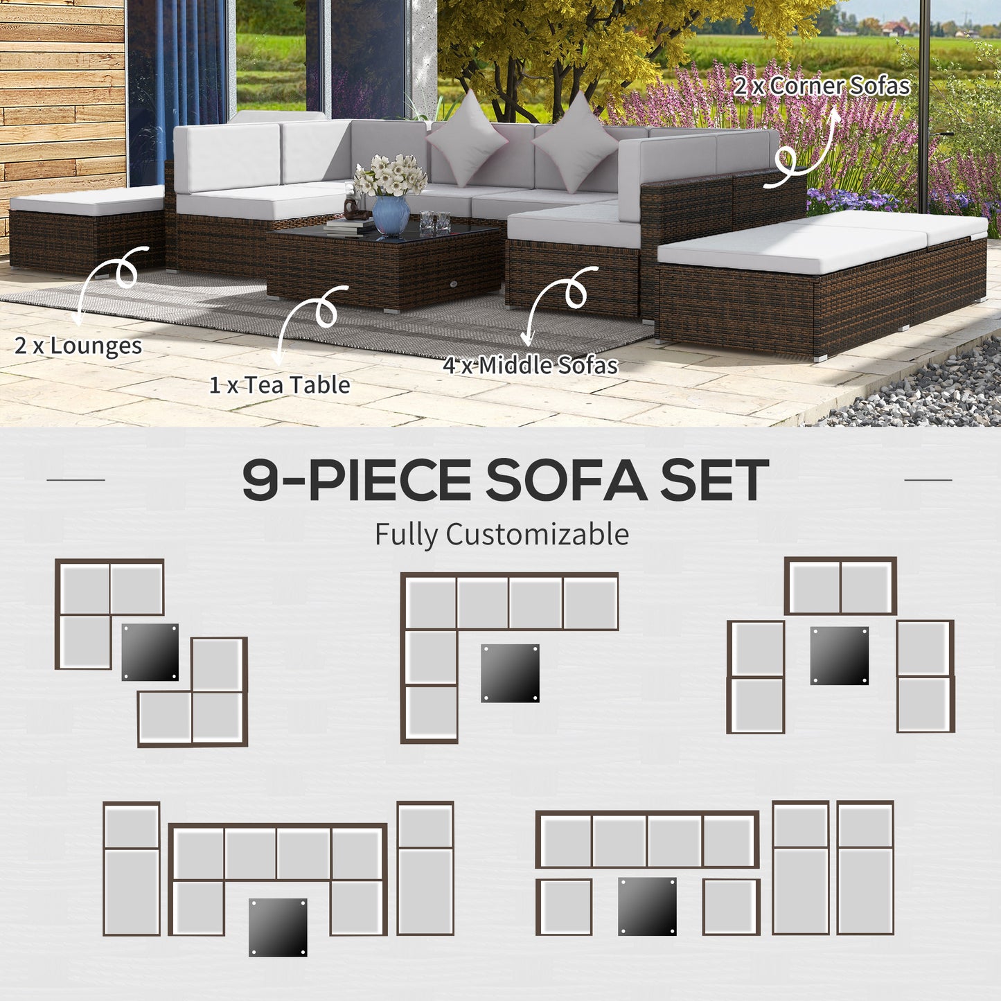 Ensemble patio 9 pièces osier modulaire avec coussins