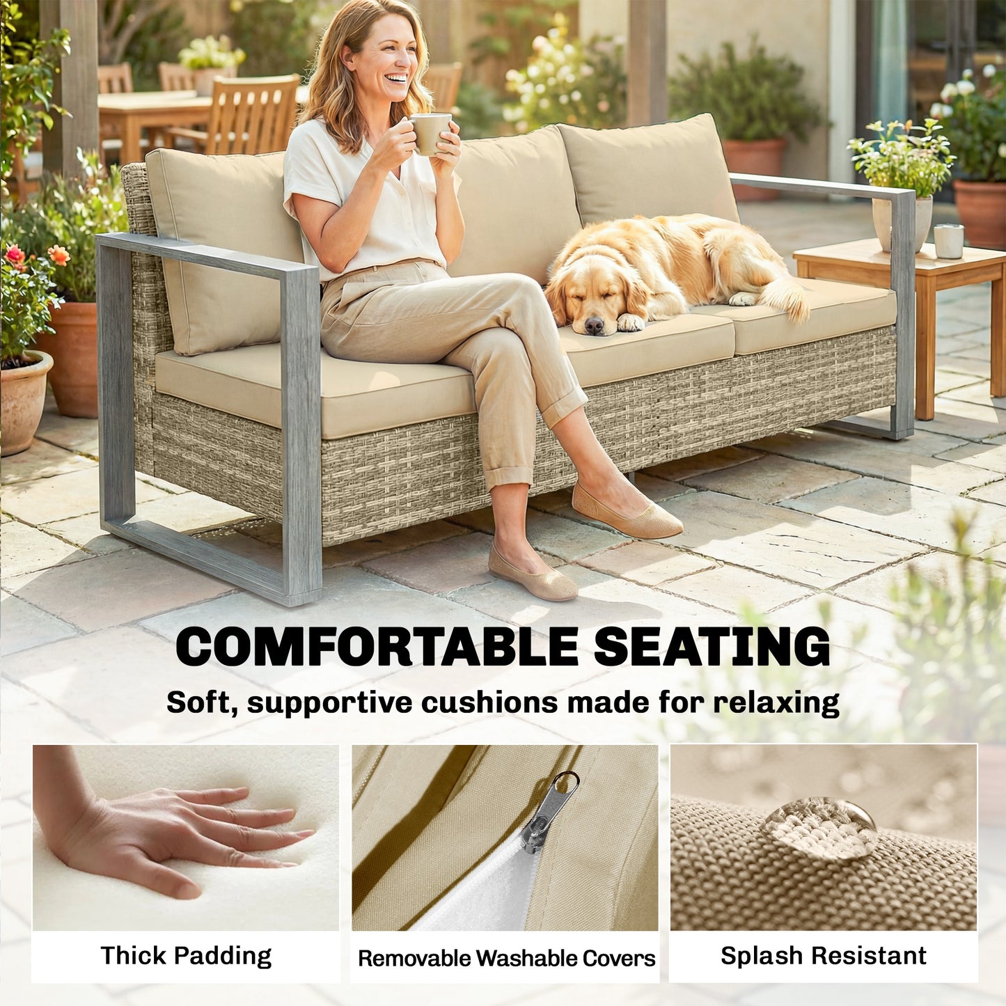 Canapé de patio 3 places avec coussins profonds — kaki