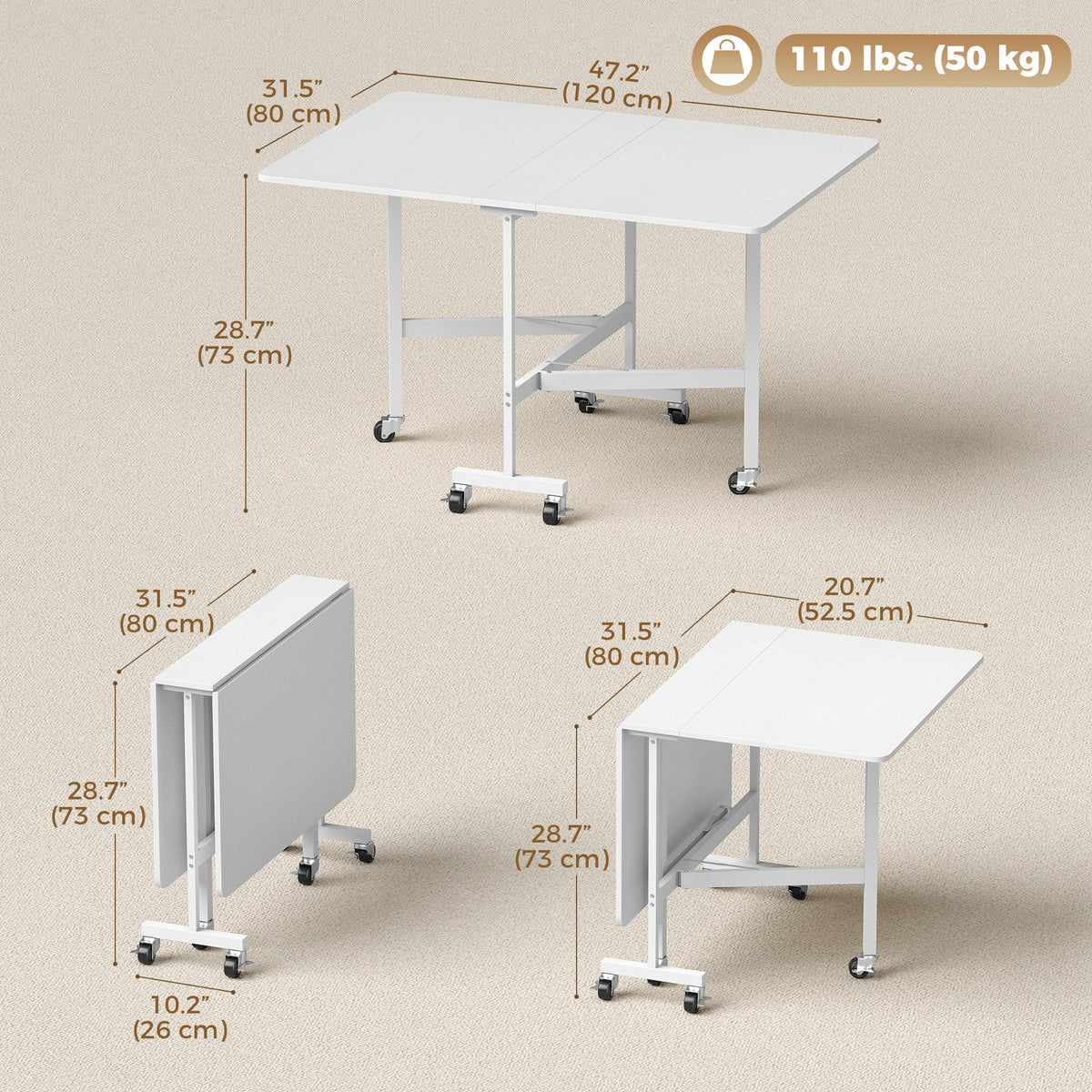 Table à manger pliante à roulettes pour six personnes