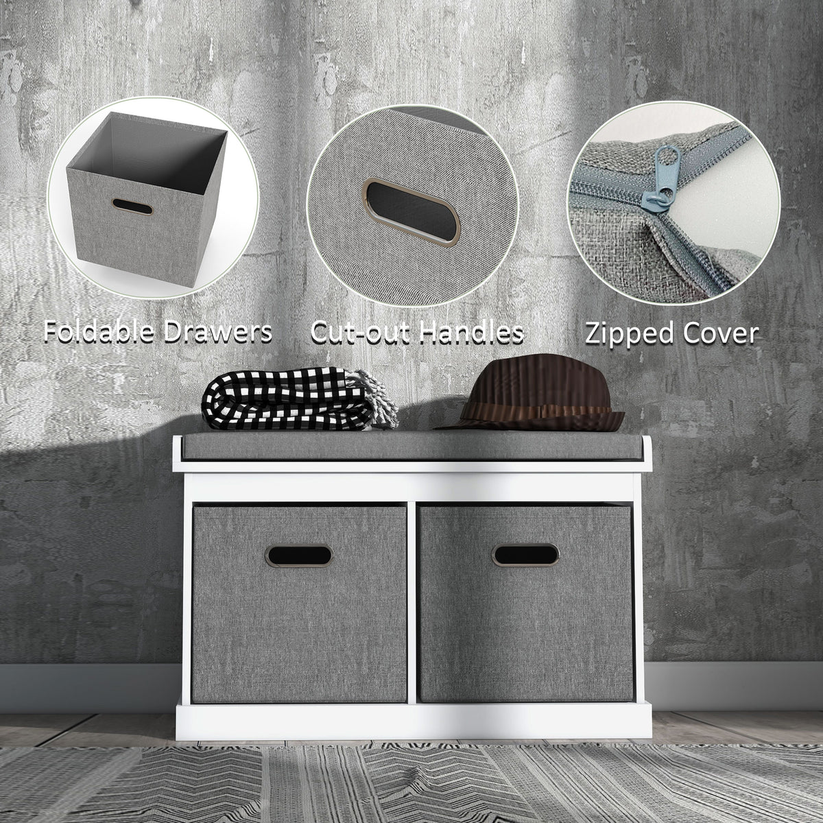 Banc de rangement pour chaussures avec coussin et tiroirs