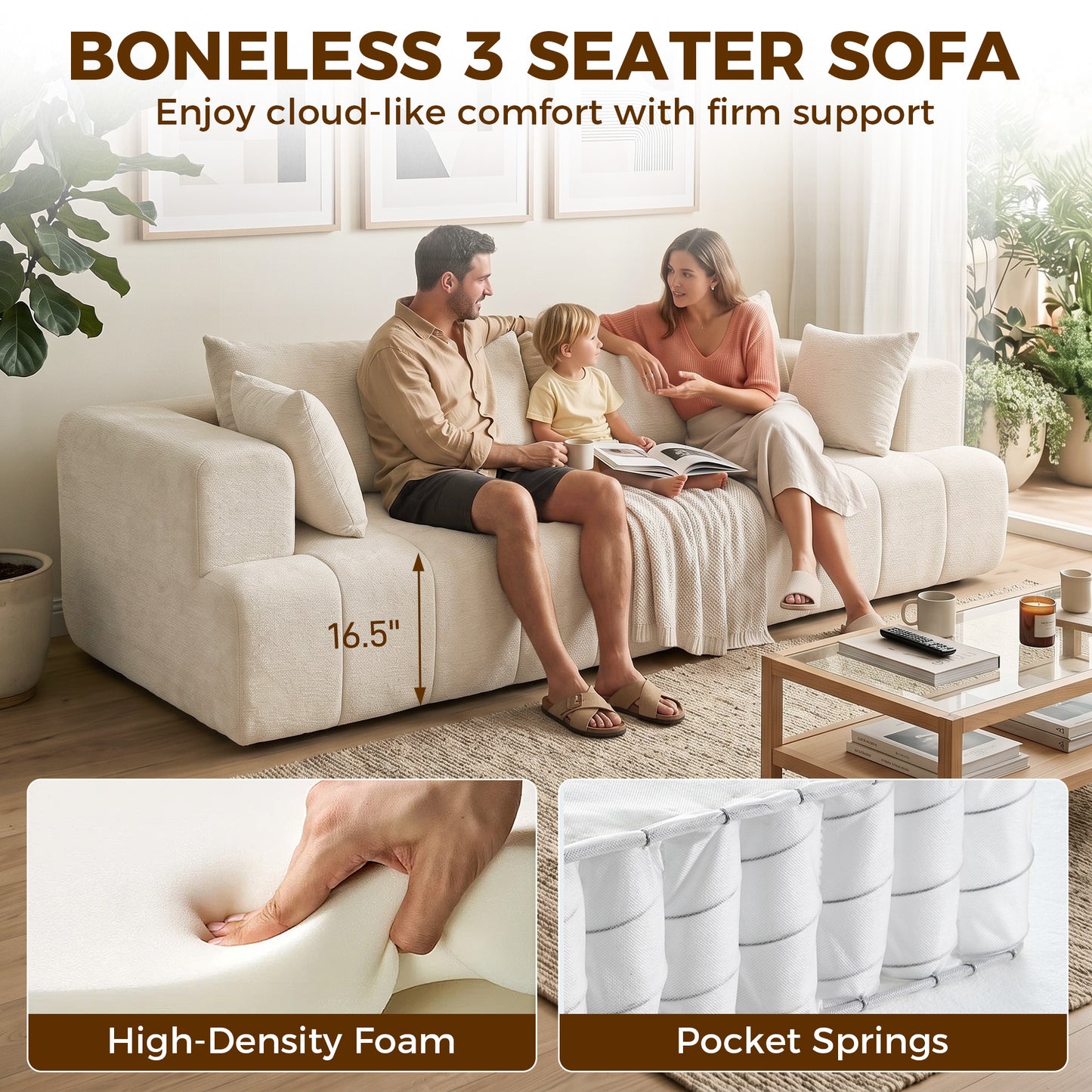 Sofa 3 places nuage en chenille avec ressorts ensachés