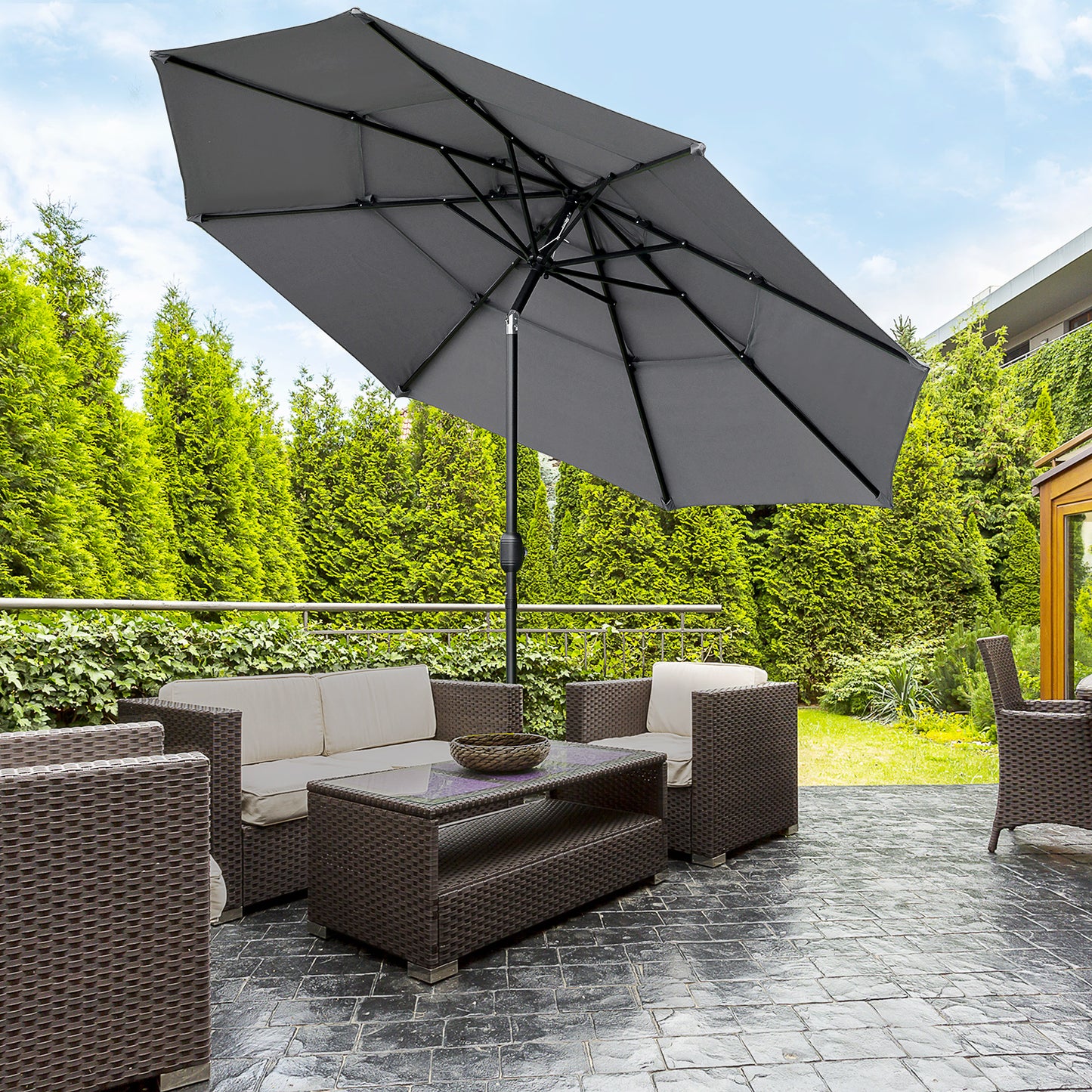 Parasol de patio 3 niveaux à manivelle 274 cm