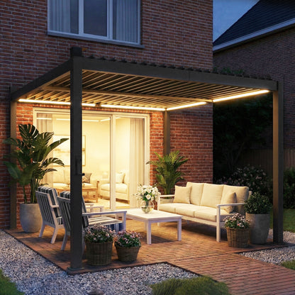 Pergola à lamelles avec éclairage solaire et toit métallique