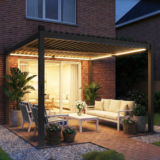 Pergola à lamelles avec éclairage solaire et toit métallique
