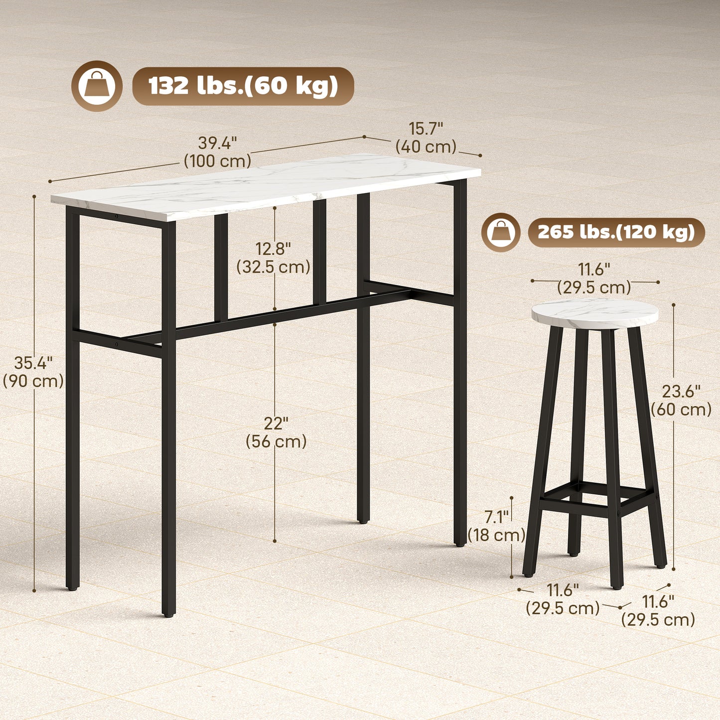 Ensemble bar 6 pièces avec 2 tables et 4 tabourets