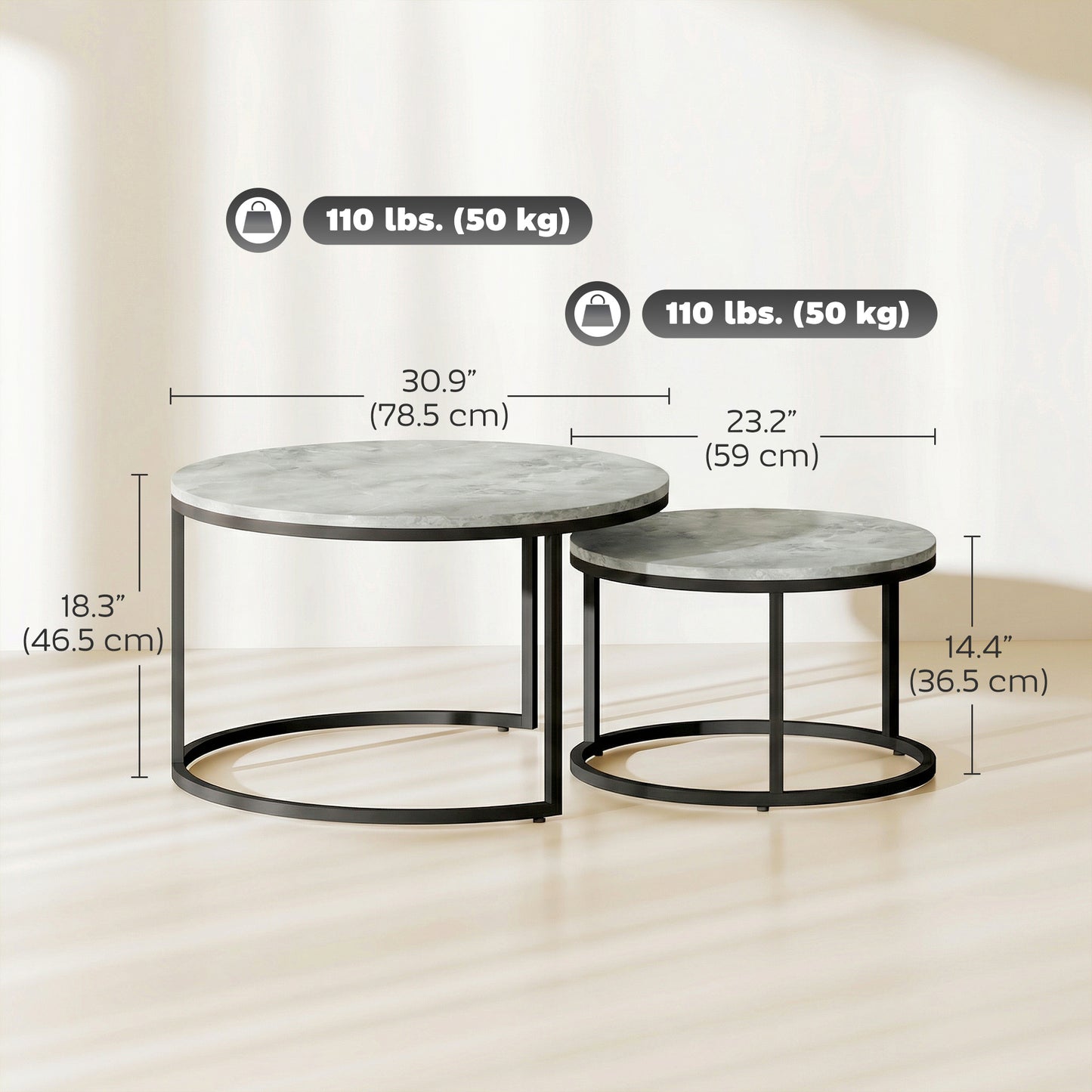 Tables gigognes rondes effet marbre — lot de 2