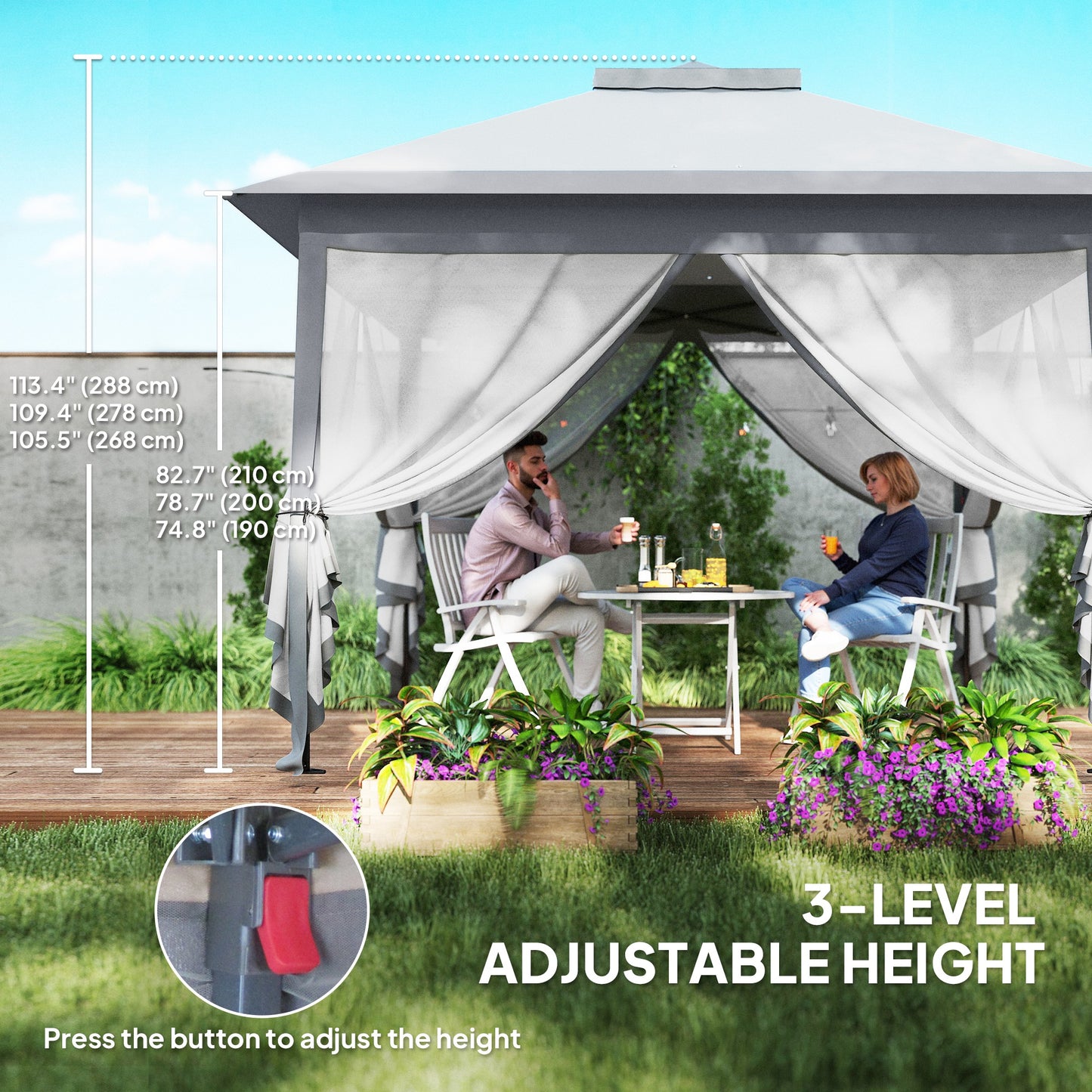 Gazebo pop-up double toit avec moustiquaire 3,35 m x 3,35 m