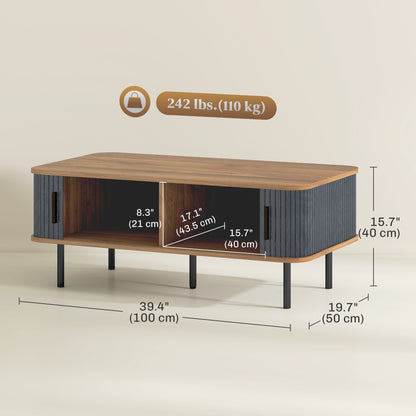 Table basse nordique à portes tambour coulissantes et pieds acier