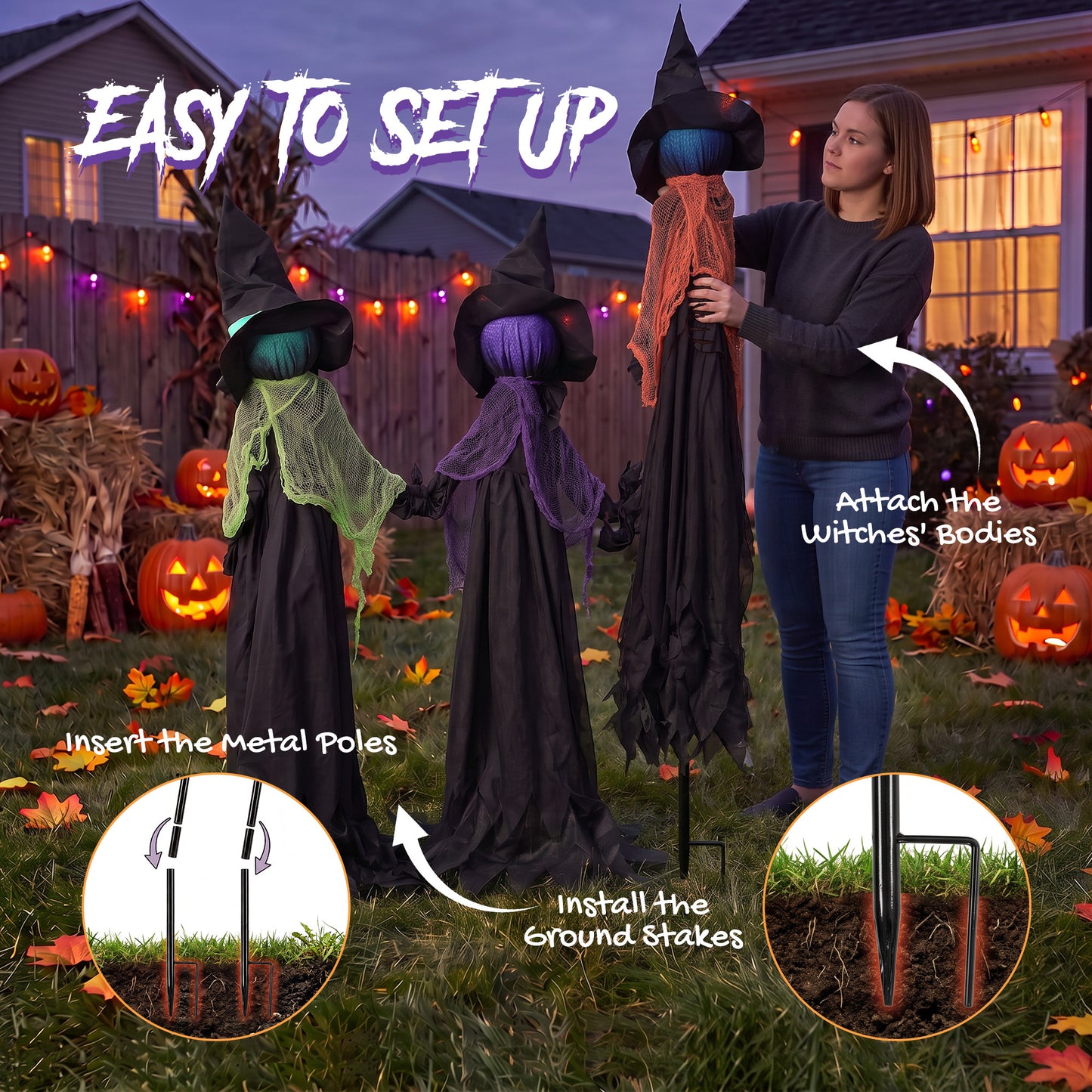 Trio de sorcières lumineuses pour jardin d'Halloween