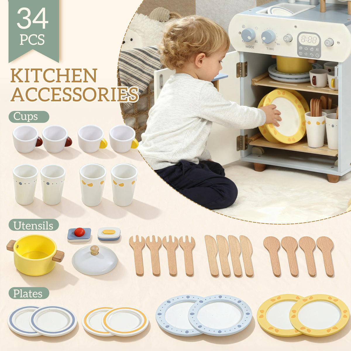 Ensemble lave-vaisselle jouet en bois pour enfants — Lot de 32