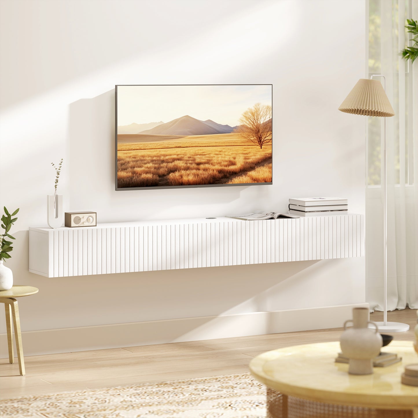 Meuble TV mural flottant avec portes cannelées 180 cm