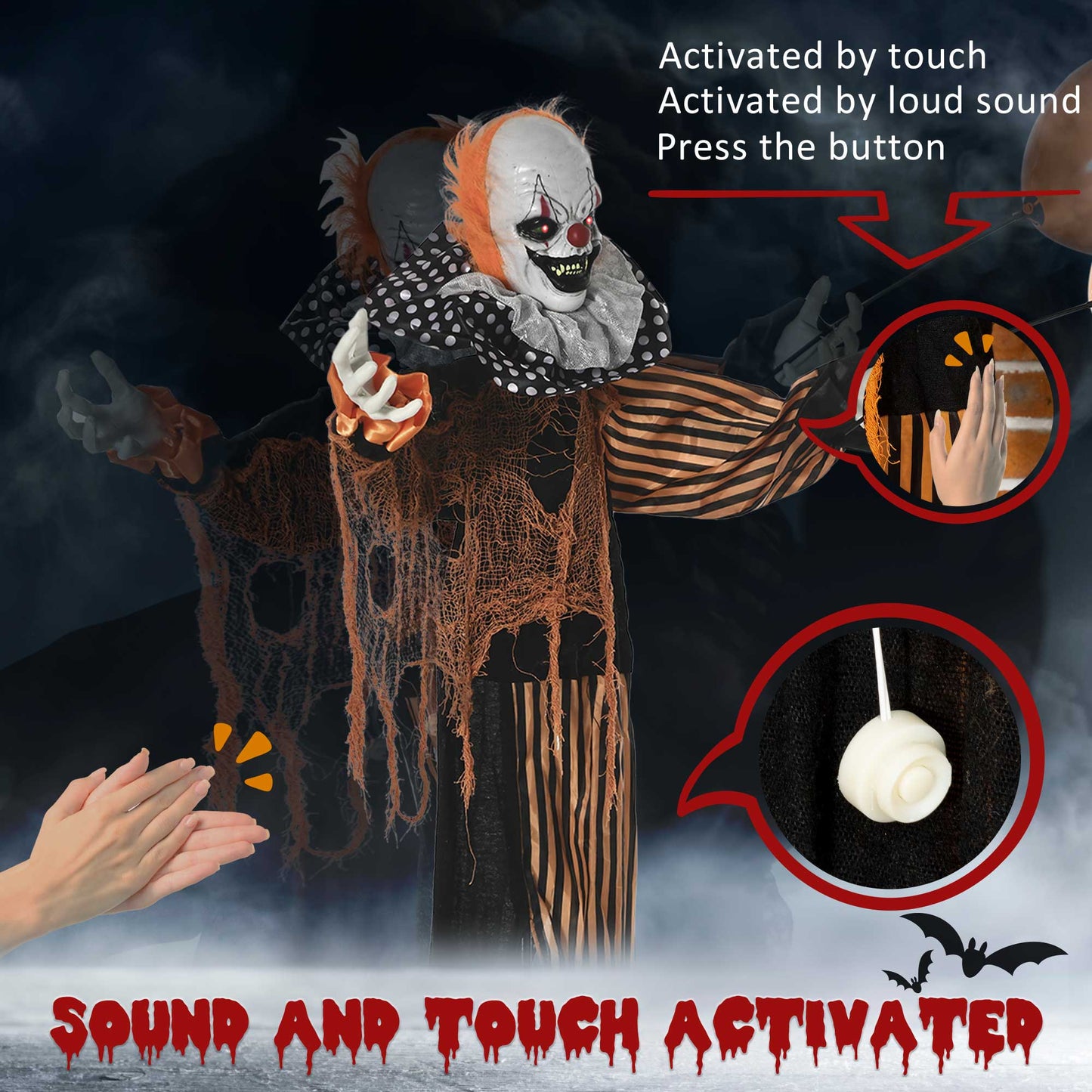 Décoration Halloween Clown Animé 190 cm — Yeux Lumineux